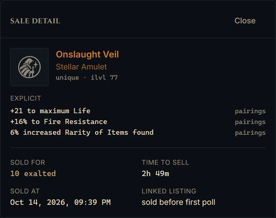 Item card: the sold item with its explicit mods, price and time to sell