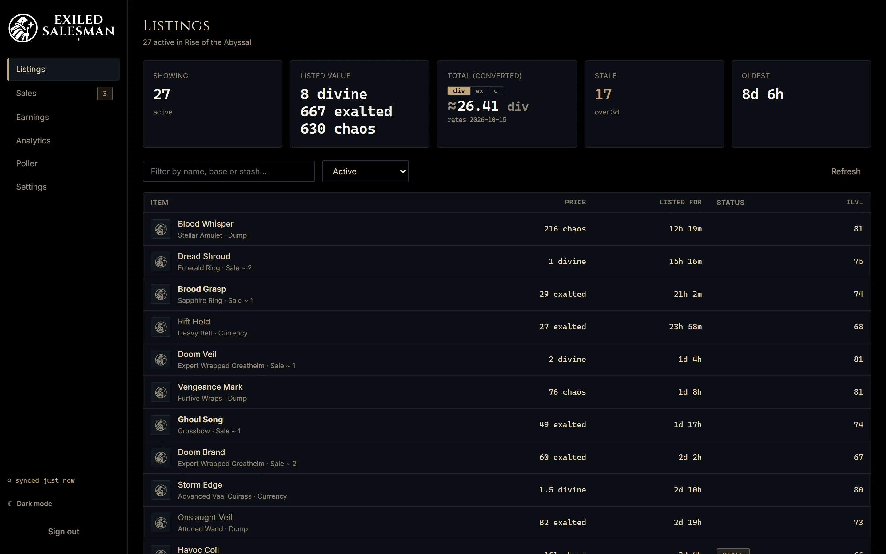 Listings: every active item with its price, how long it has been listed, and stale flags