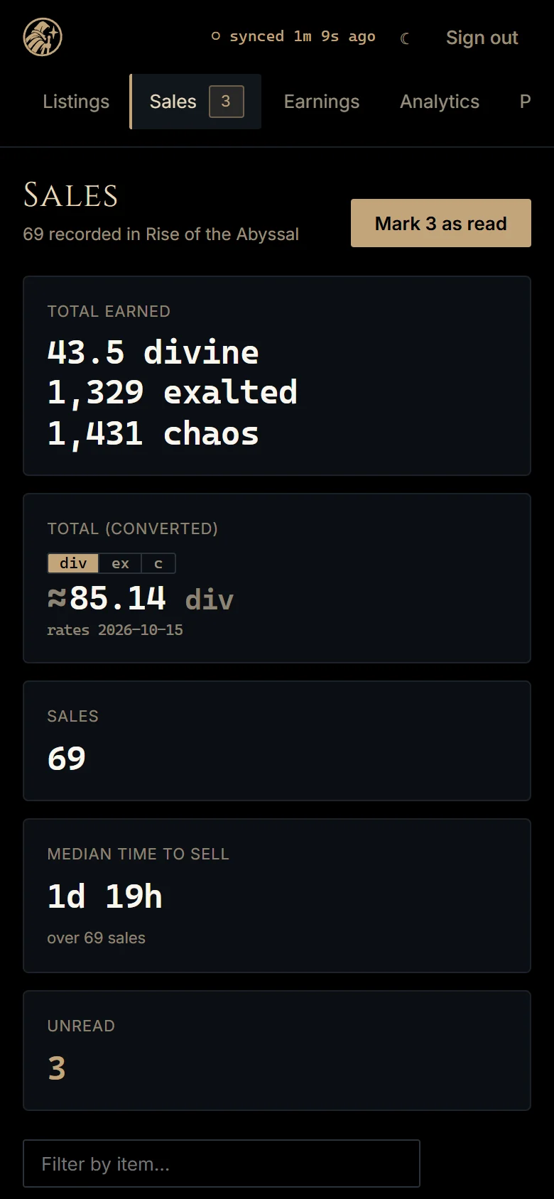 The dashboard on a phone: sales totals and the converted total