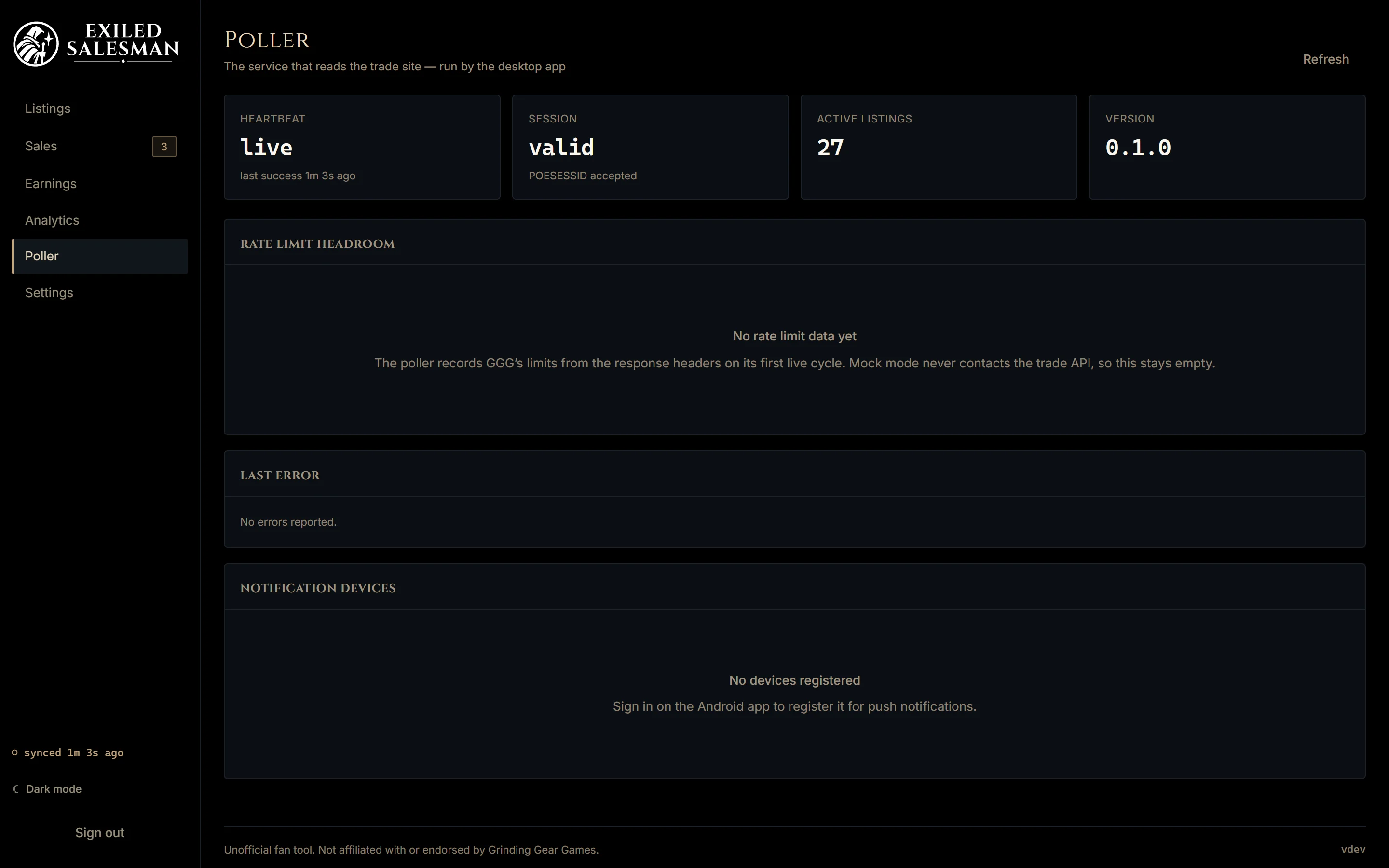 Poller status: heartbeat, session and rate-limit headroom