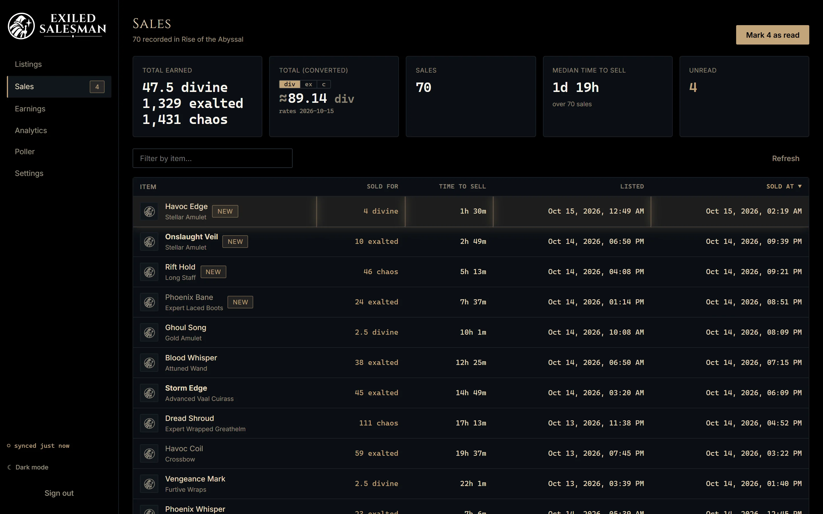 Sales feed: a sale that just arrived glows bronze at the top of the table