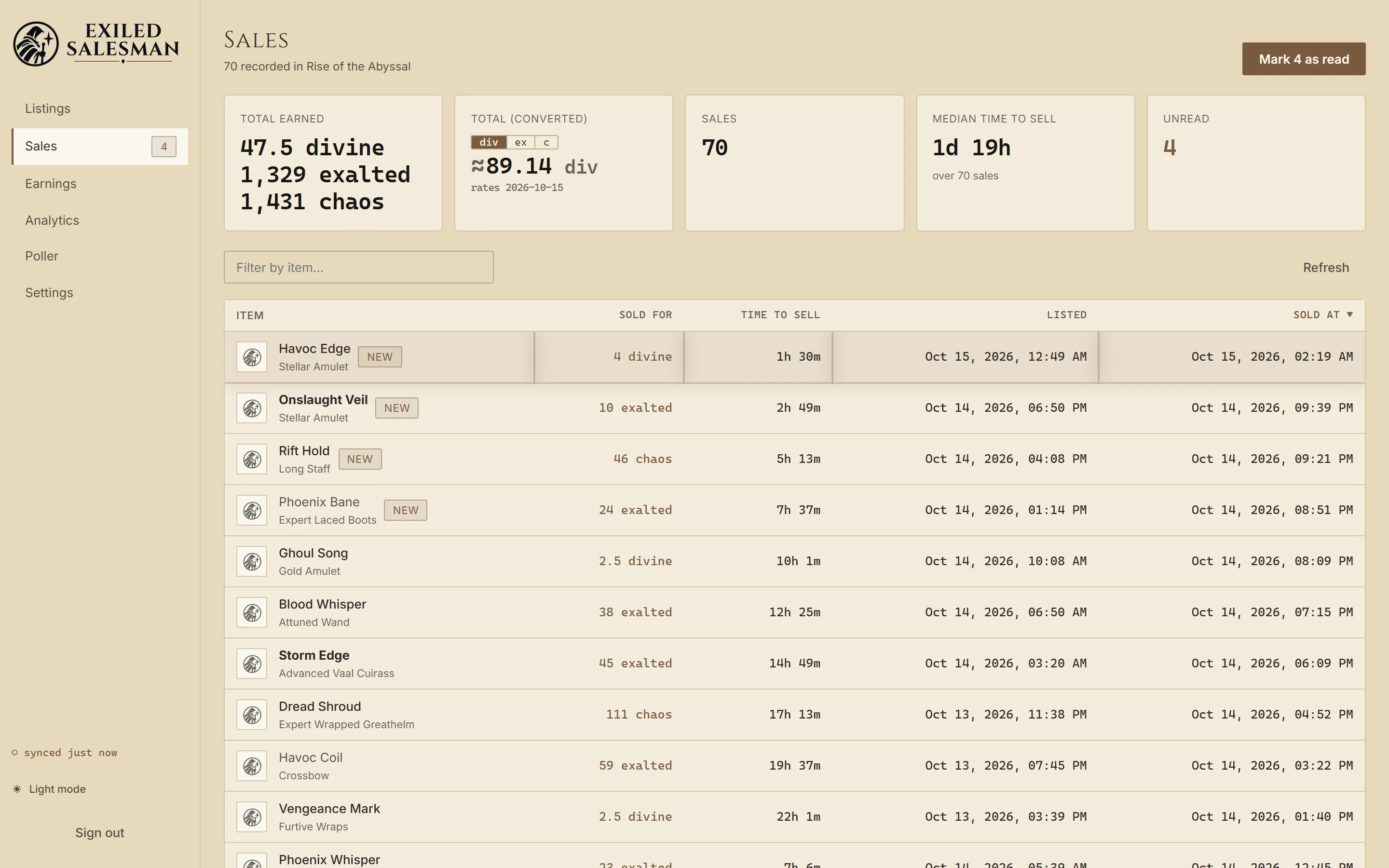 Sales feed: a sale that just arrived glows bronze at the top of the table